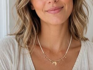 Euro Collection White Gold Beaded Moon Necklace New